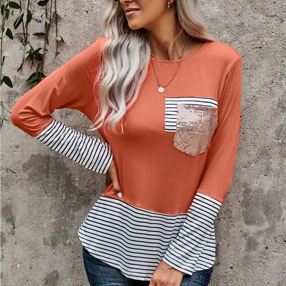 Orange Striped Sequin Pocket Shirt - Picture 9 of 14